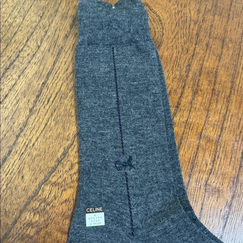 NWT Celine‎ Men’s Vintage Wool Blend Tall Dress Socks In Dark Gray Horse Logo